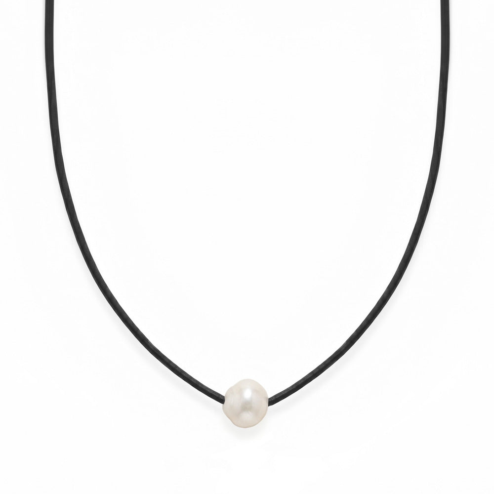 16" Black Leather and Floating Cultured Freshwater Pearl Necklace