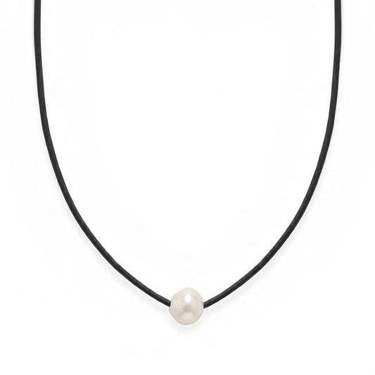 16" Black Leather and Floating Cultured Freshwater Pearl Necklace