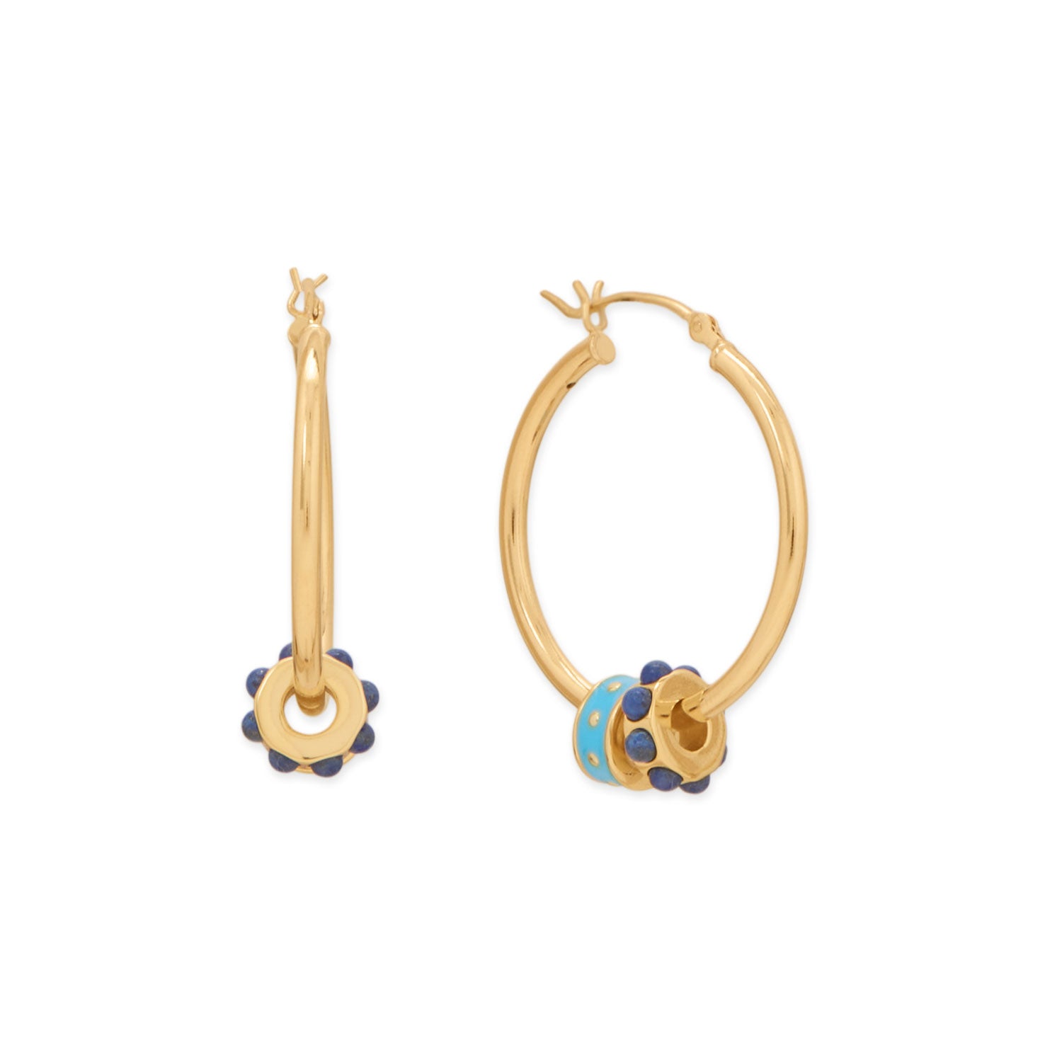 14 Karat Gold Plated Blue Enamel Inlay Dotted Wheel Bead Charm