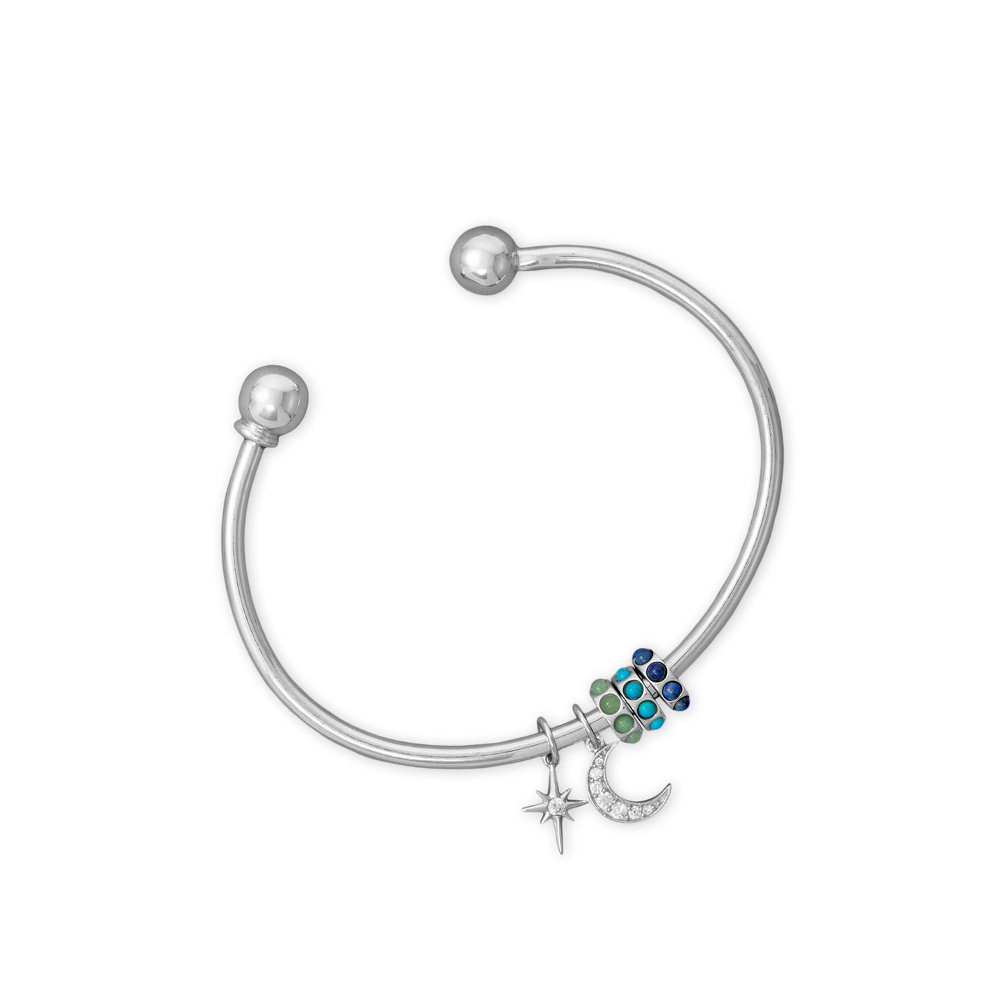 Rhodium Plated Green Aventurine Wheel Bead Charm