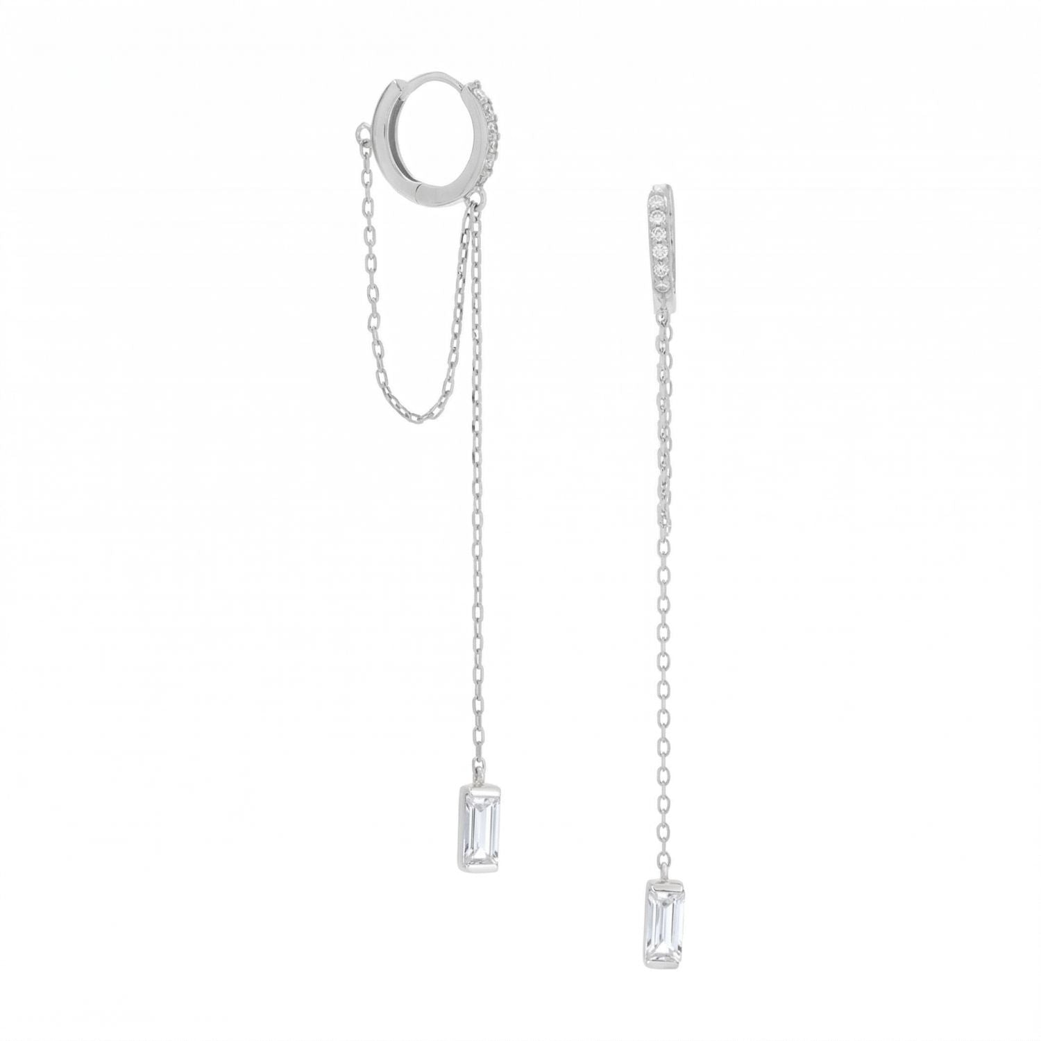Rhodium Plated CZ Hoop Earrings with Chain Drop