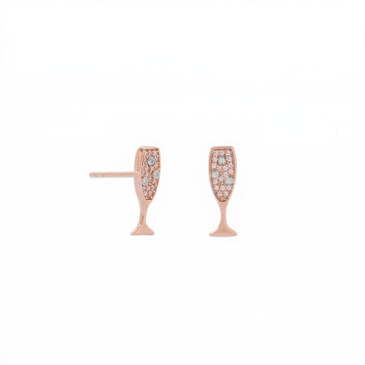 14 Karat Rose Gold Plated CZ Champagne Glass Stud Earrings