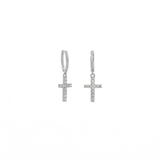 Rhodium Plated Hoop Earrings with CZ Cross