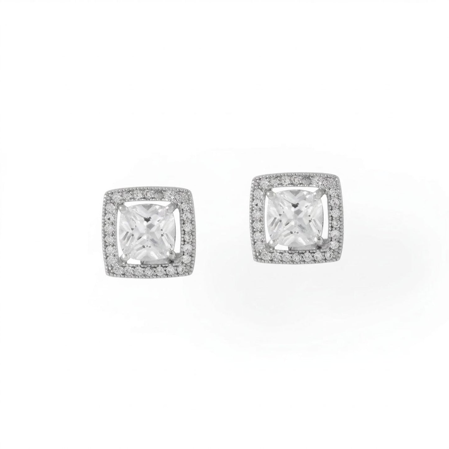 Rhodium Plated Square CZ with Halo Stud Earrings