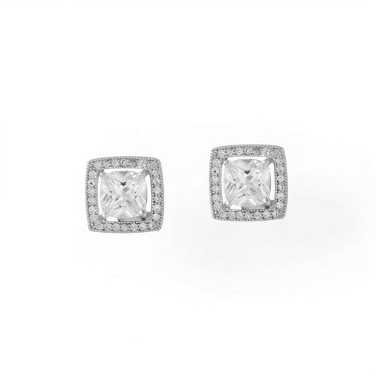 Rhodium Plated Square CZ with Halo Stud Earrings