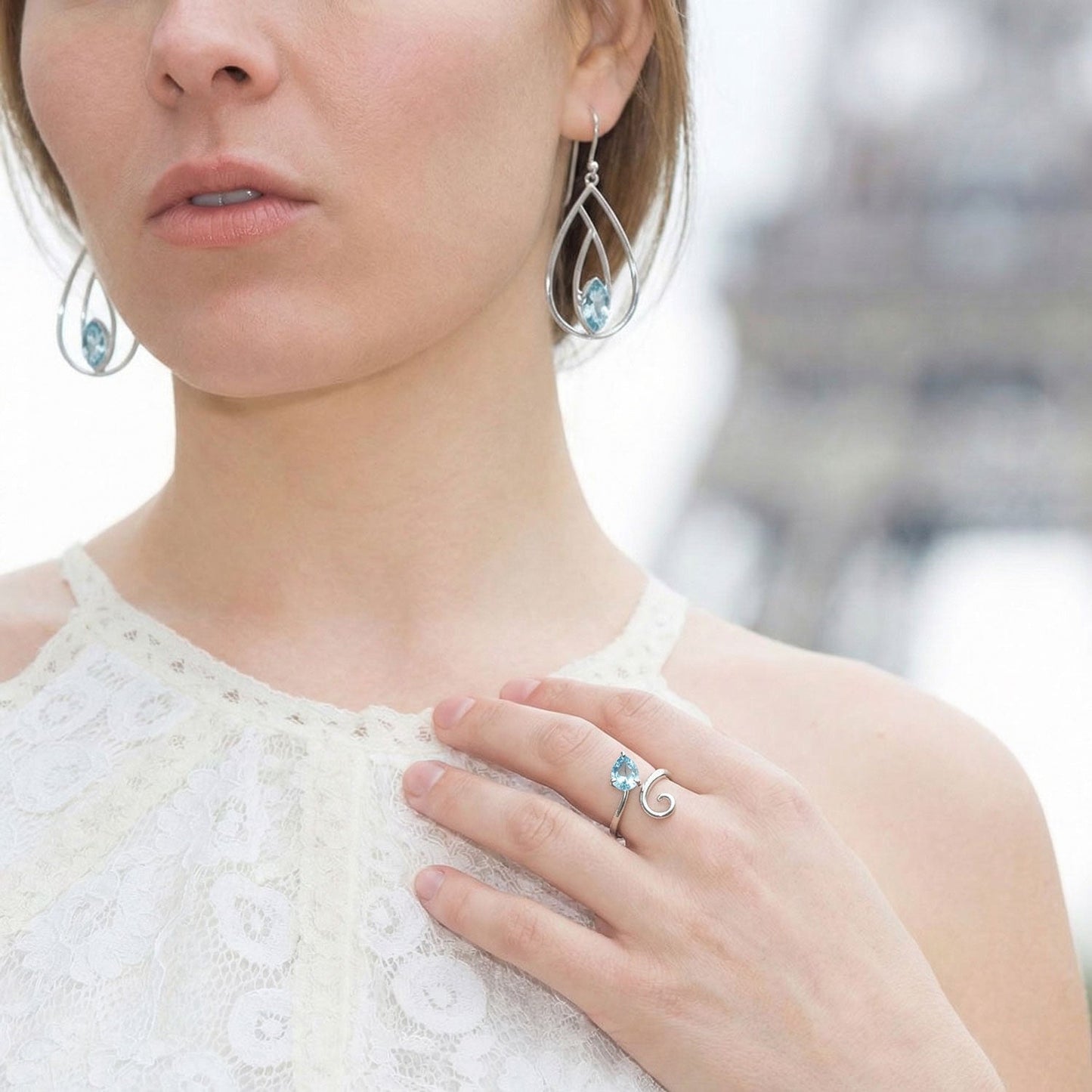 Polished Blue Topaz French Wire Pear Earrings