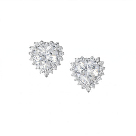 Rhodium Plated CZ Heart Halo Stud Earrings