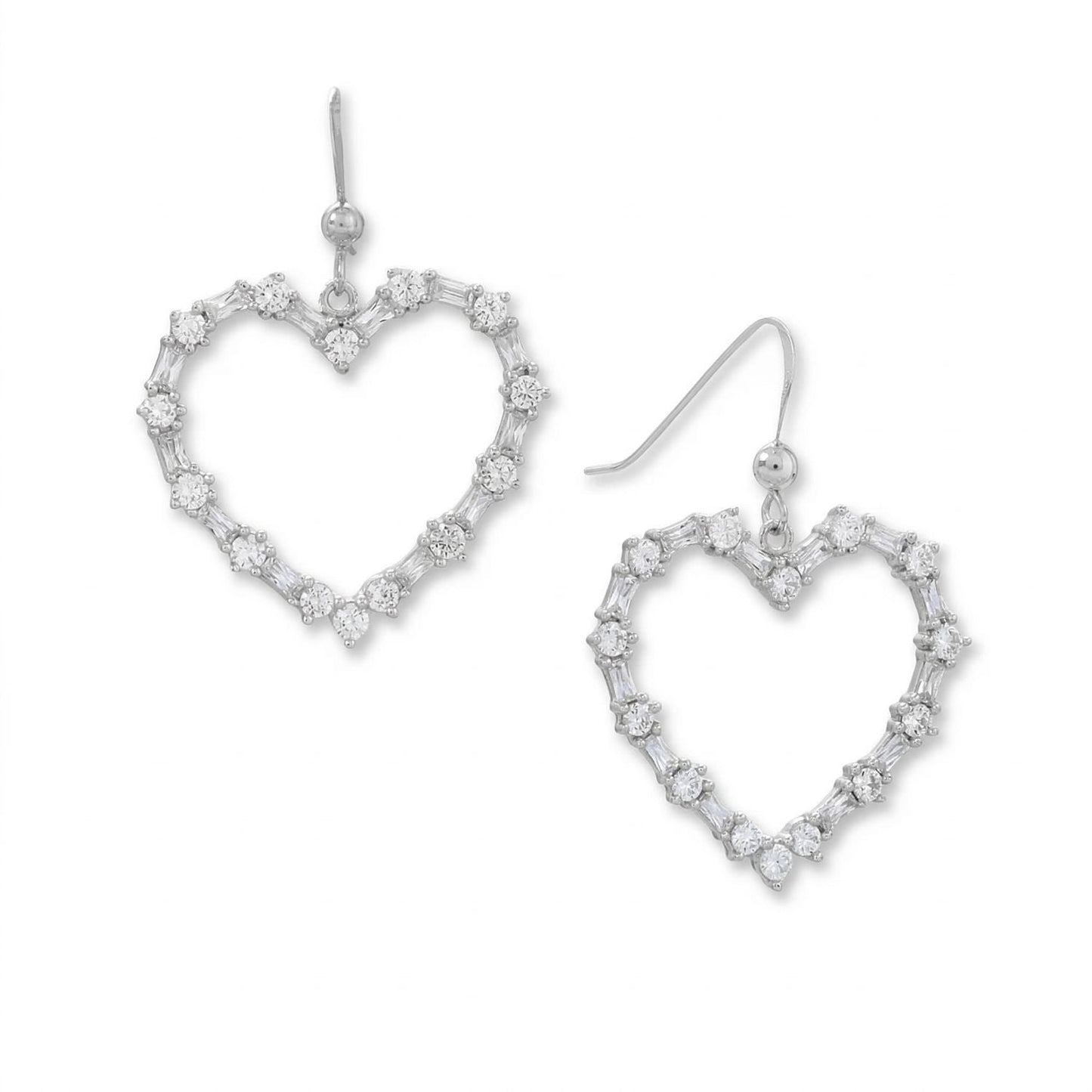 Rhodium Plated CZ Heart Outline Earrings