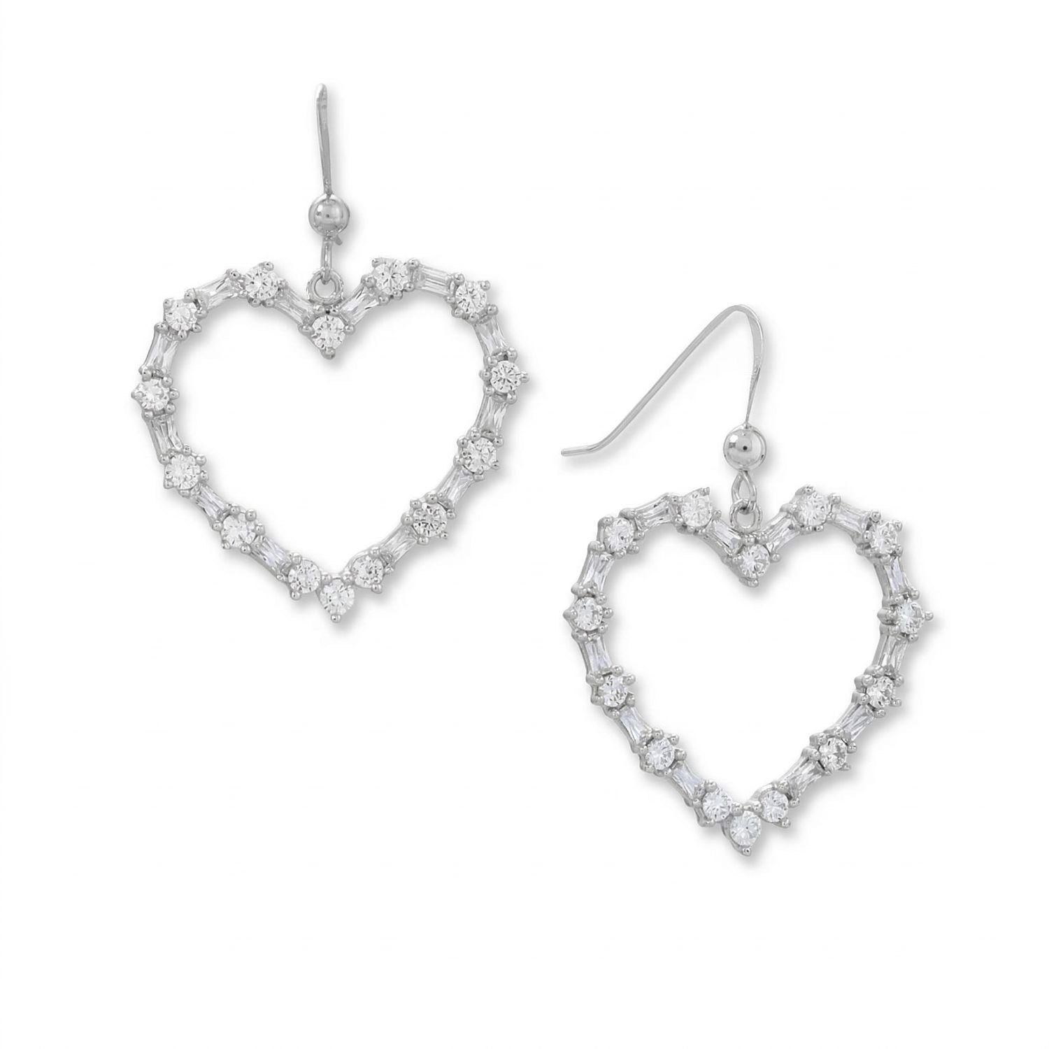 Rhodium Plated CZ Heart Outline Earrings