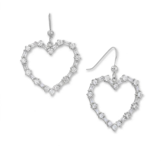 Rhodium Plated CZ Heart Outline Earrings