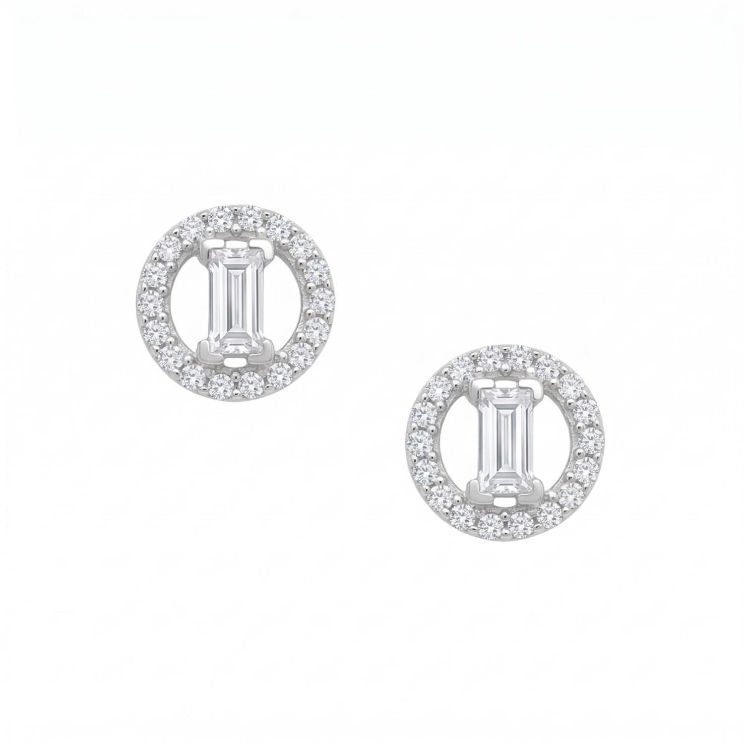 Rhodium Plated Baguette and Halo CZ Stud Earrings