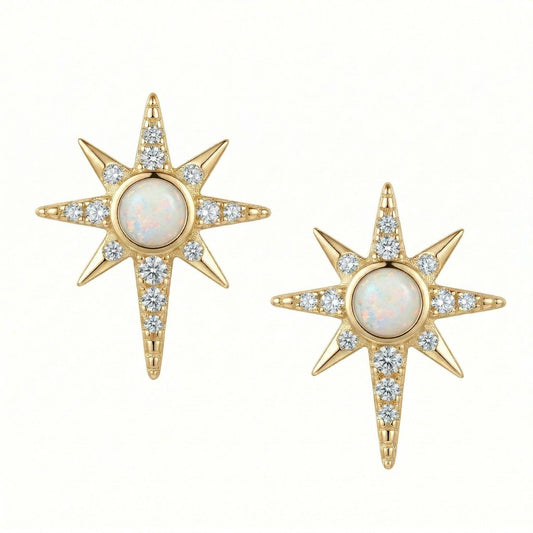 14 Karat Gold Plated Synthetic Opal and CZ Northern Star Stud Earrings