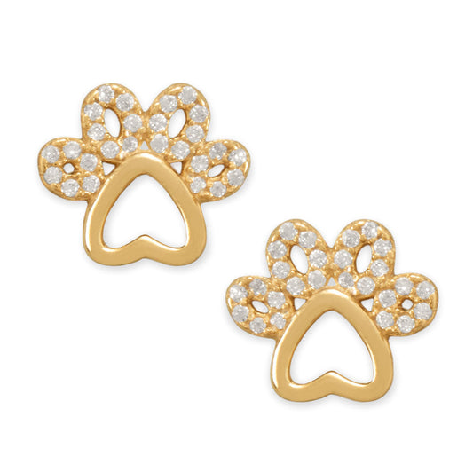14 Karat Gold Plated CZ Lined Paw Print Stud Earrings