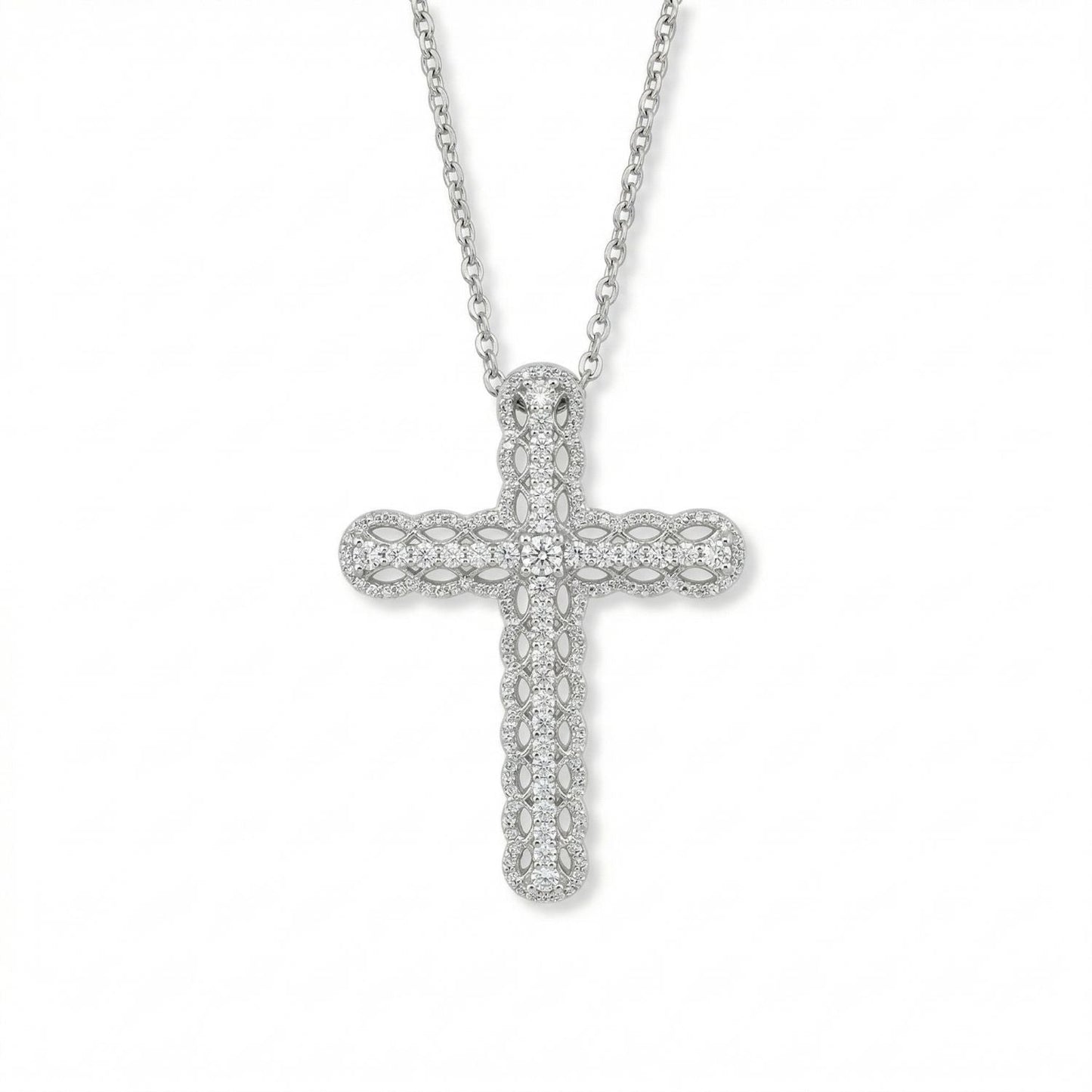 Rhodium Plated Ornate CZ Cross Slide