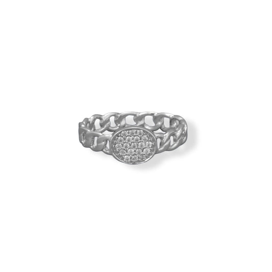 Rhodium Plated Link Band with Pave CZ Oval Disc