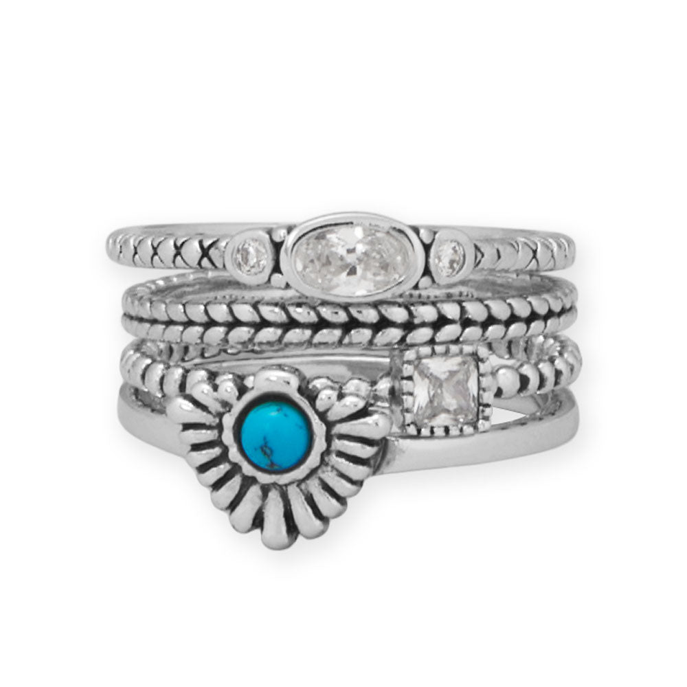 Rhodium Plated Oxidized Fan with Imitation Turquoise Ring