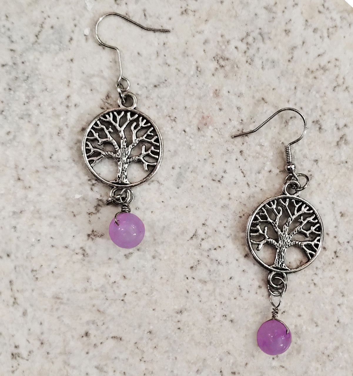 Small Silvertone Yggdrasil Tree of Life Drop Earrings with 8mm Amethyst Round Stones