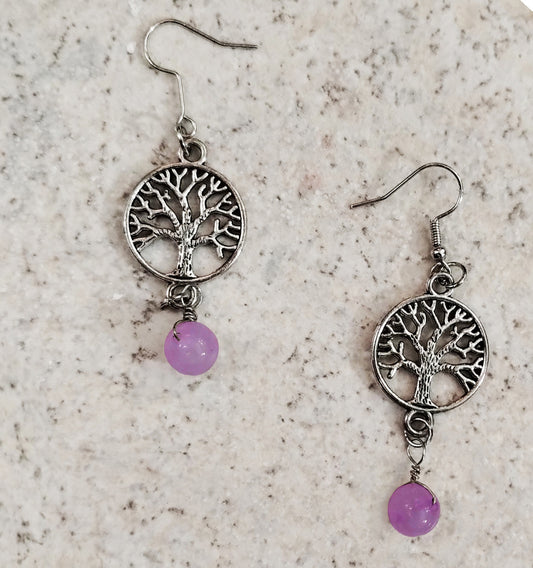 Small Silvertone Yggdrasil Tree of Life Drop Earrings with 8mm Amethyst Round Stones