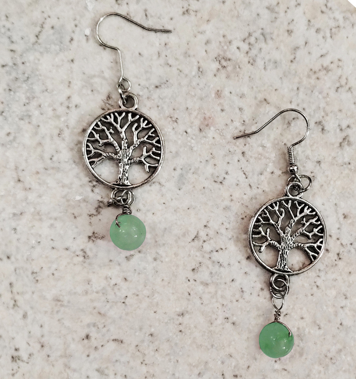 Small Silvertone Yggdrasil Tree of Life Earrings with 8mm Round Aventurine Gemstone Drops