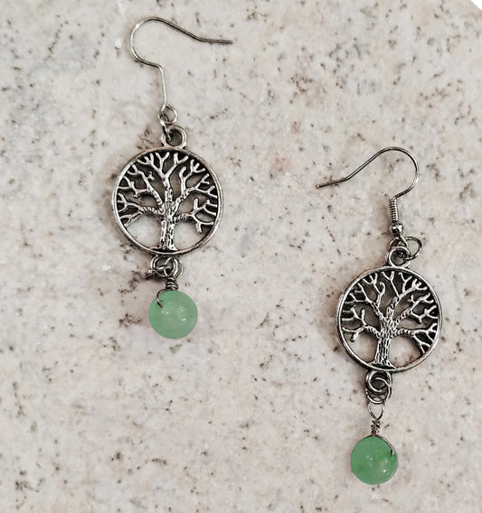 Small Silvertone Yggdrasil Tree of Life Earrings with 8mm Round Aventurine Gemstone Drops