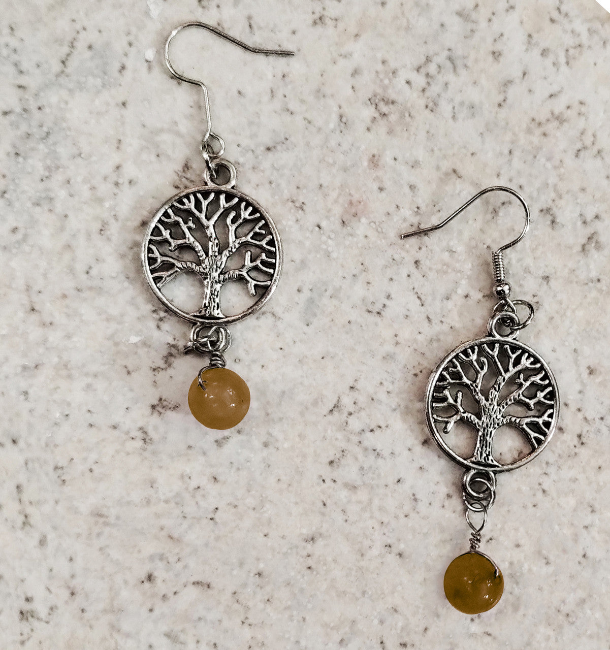 Small Silvertone Yggdrasil Tree of Life Drop Earrings with 8mm Round Tiger's Eye Gemstones