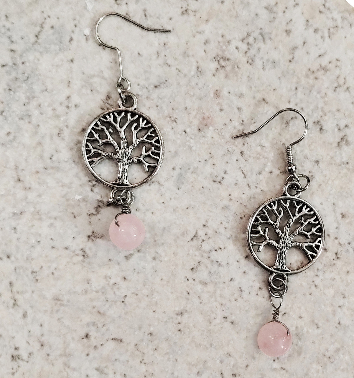 Small Silvertone Yggdrasil Tree of Life Drop Earrings with 8mm Round Rose Quartz Gemstones