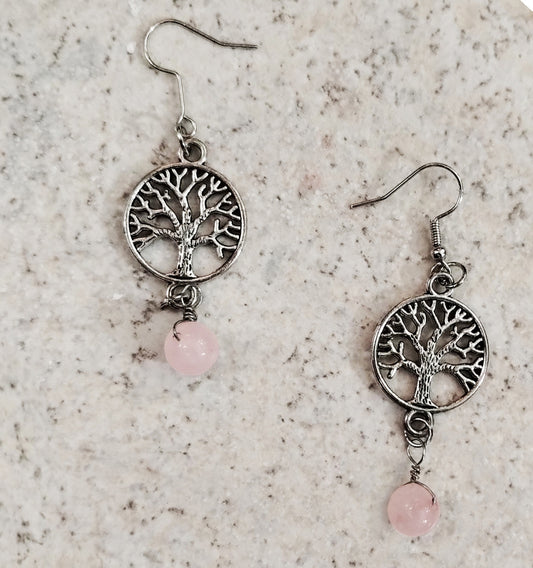 Small Silvertone Yggdrasil Tree of Life Drop Earrings with 8mm Round Rose Quartz Gemstones