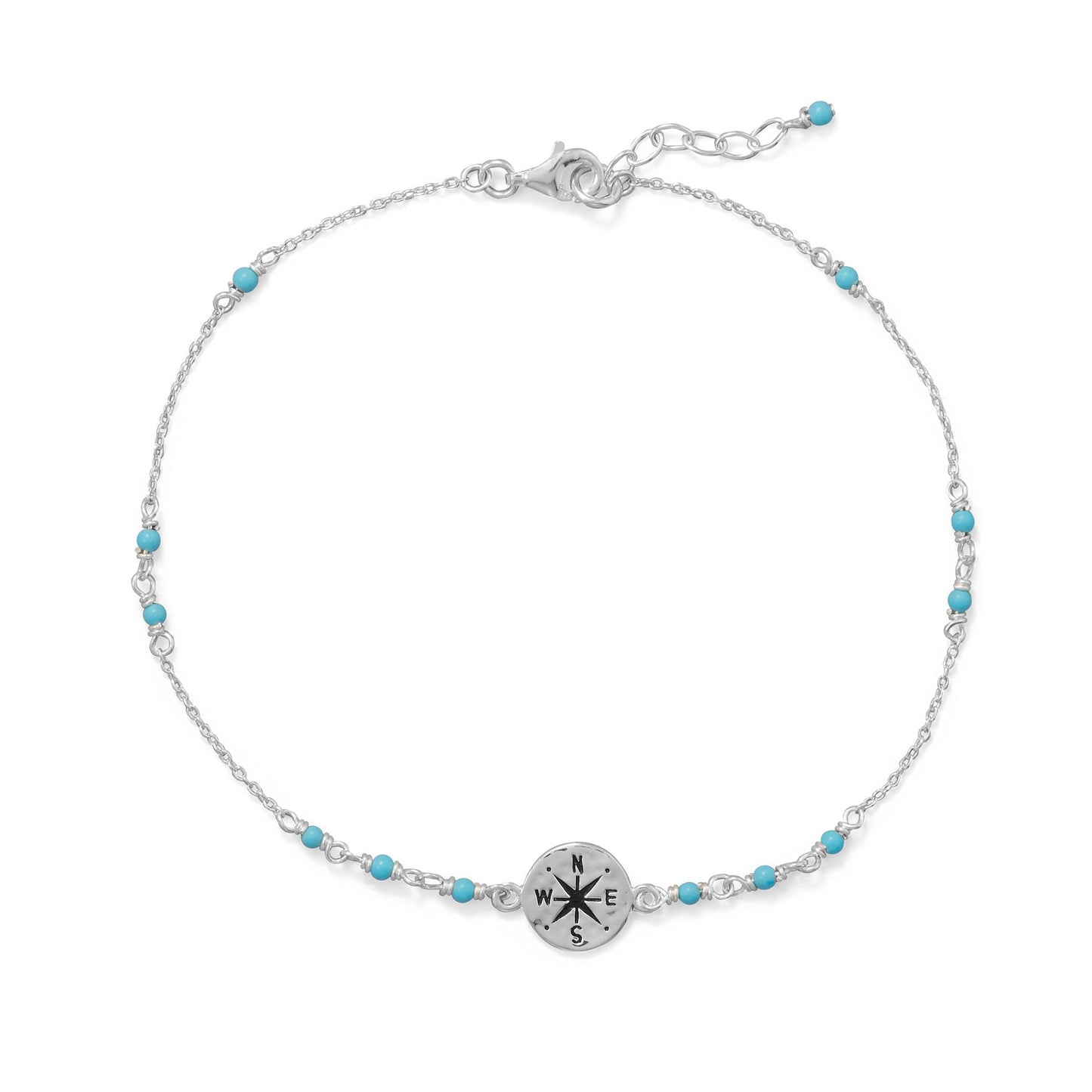 9.25" + .75" Compass and Blue Bead Anklet