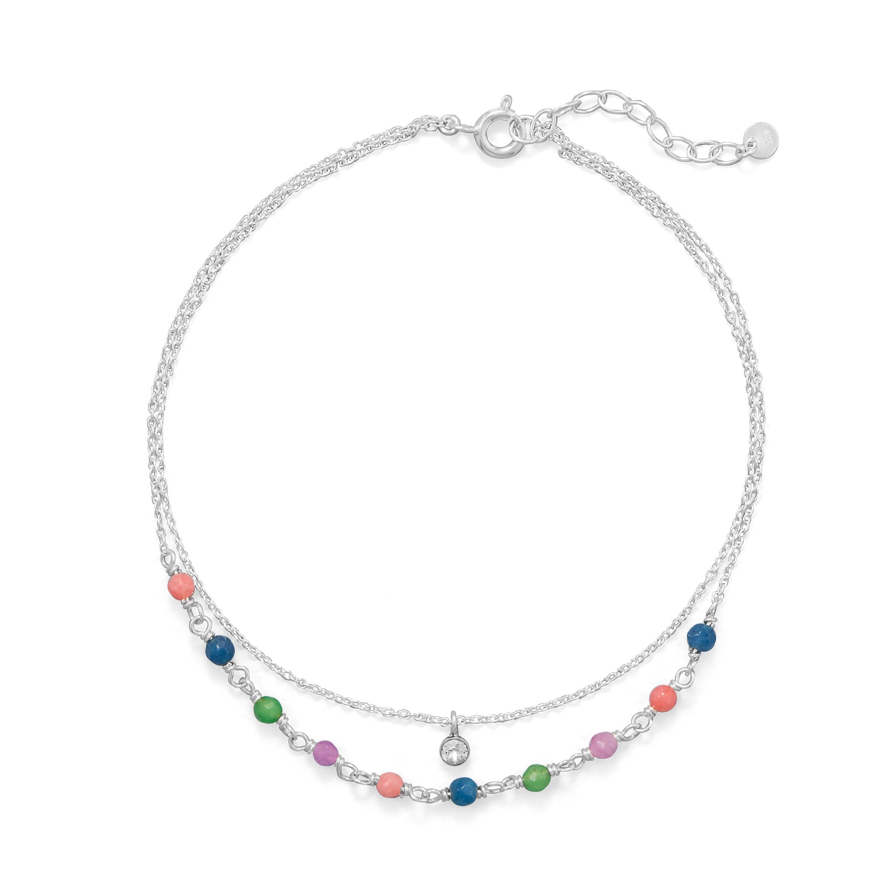9" + 1" Multicolor Jade and CZ Double Strand Anklet