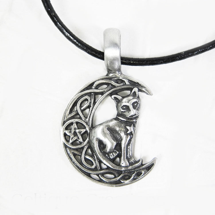 Celtic Moon & Cat amulet cord Necklace