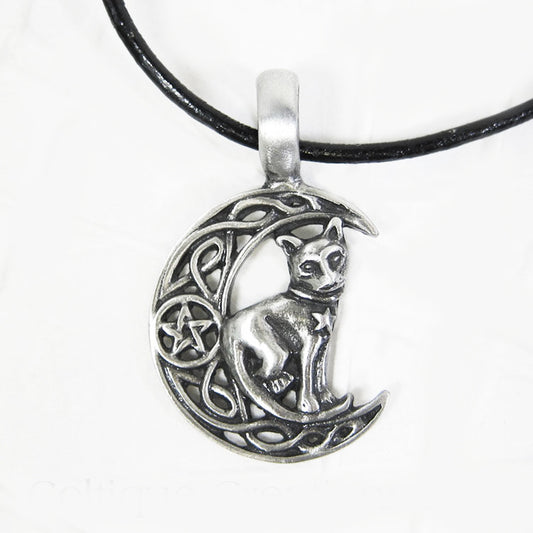 Celtic Moon & Cat amulet cord Necklace