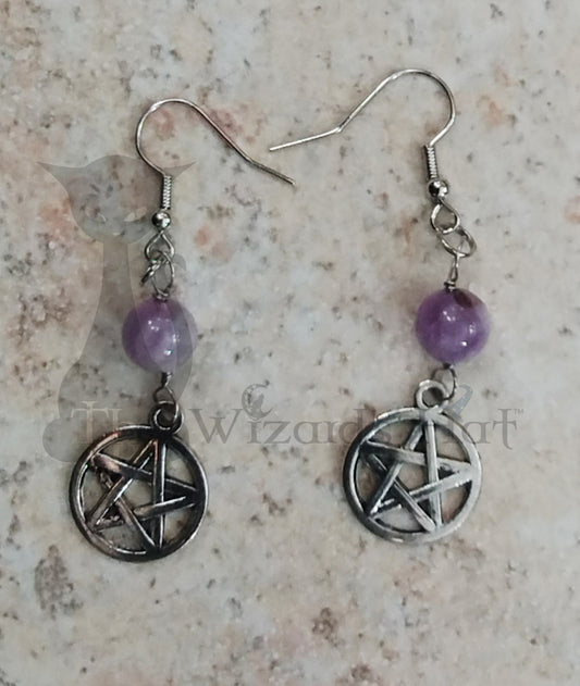 Amethyst Gemstone and Small Pentagram Pentacle Drop Earrings