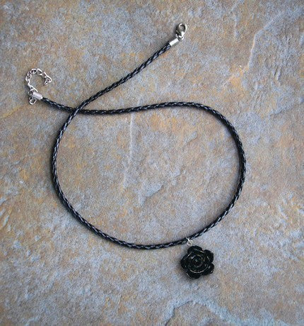 Handcrafted 3D Black Rose Lucite Charm Pendant Necklace on Genuine Leather Cord
