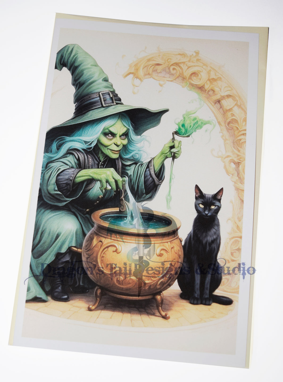 A witch, cauldron & black cat. Handcrafted All Occasion Greeting Card, blank inside.