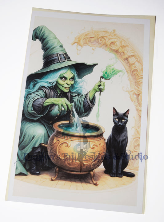 A witch, cauldron & black cat. Handcrafted All Occasion Greeting Card, blank inside.