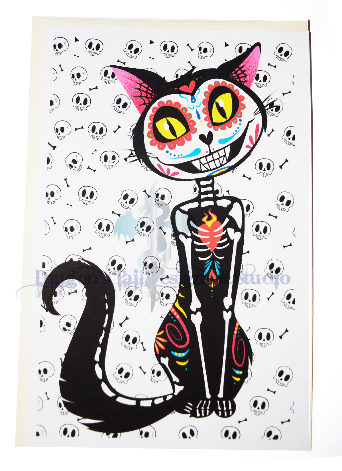 A Day of the Dead Gothic Cat, Handcrafted All Occasion Greeting Card, blank inside.