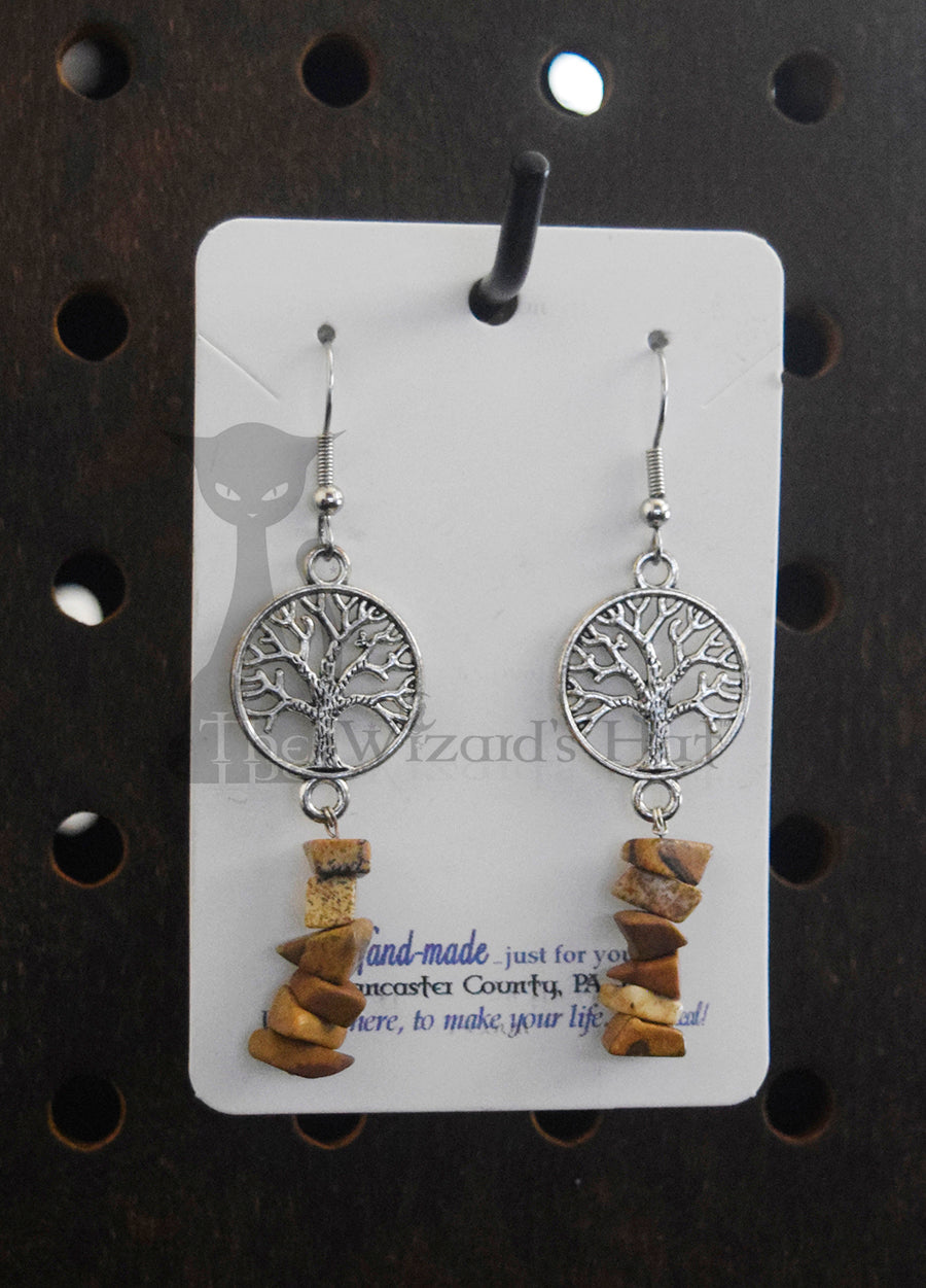 Small Silvertone Yggdrasil Tree of Life and Tiger's Eye Stone Chip Drop Earrings
