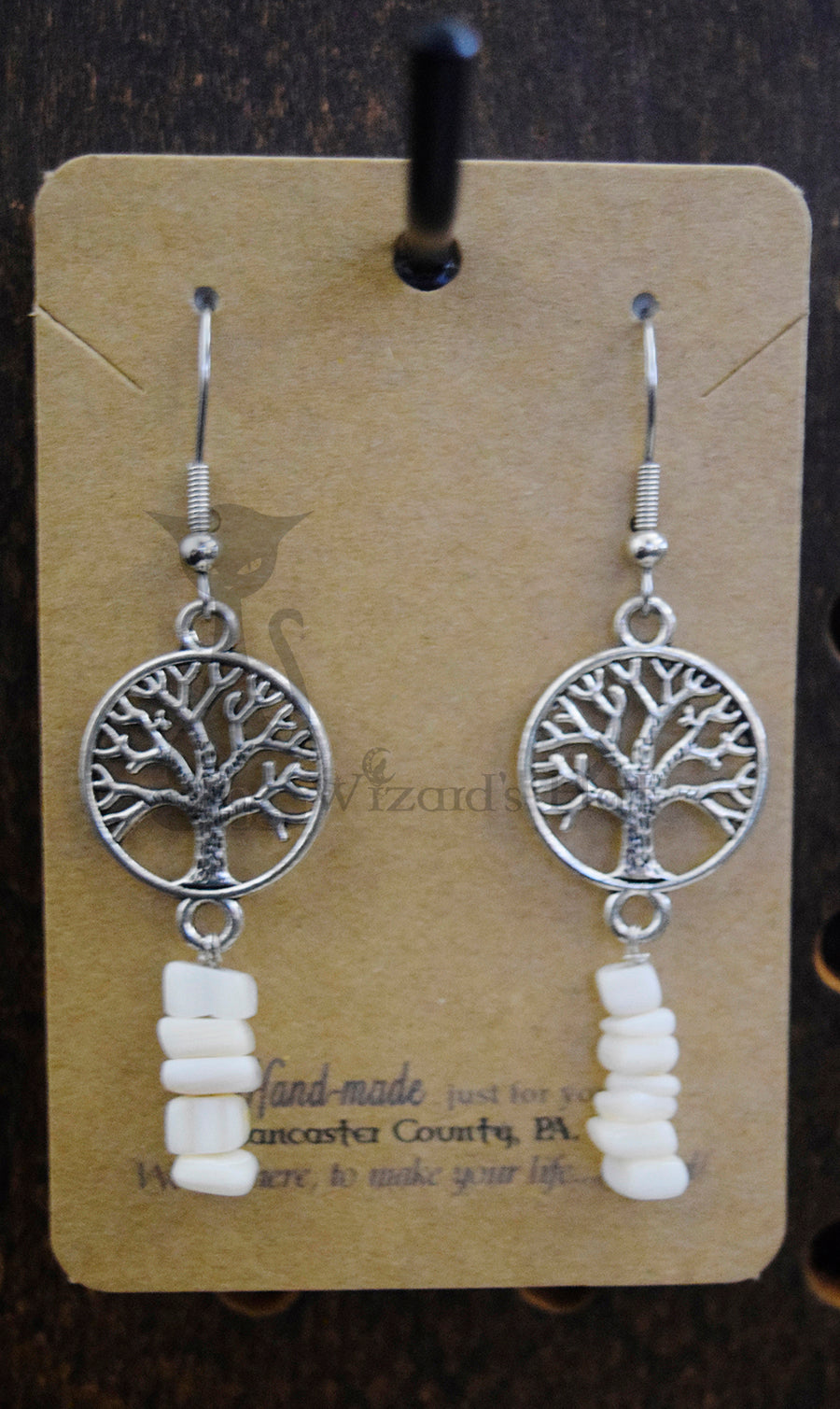 Small Silvertone Yggdrasil Tree of Life and Mother of Pearl Stone Chip Drop Earrings