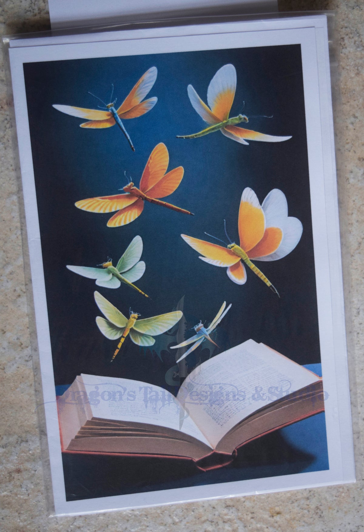 Dragonfly & book, Handcrafted All Occasion Greeting Card, blank inside.