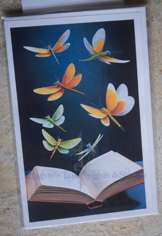 Dragonfly & book, Handcrafted All Occasion Greeting Card, blank inside.