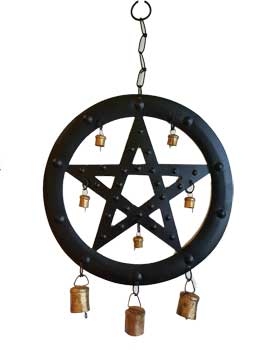 9 1/2" Black Pentagram wind chime and small brass bells.