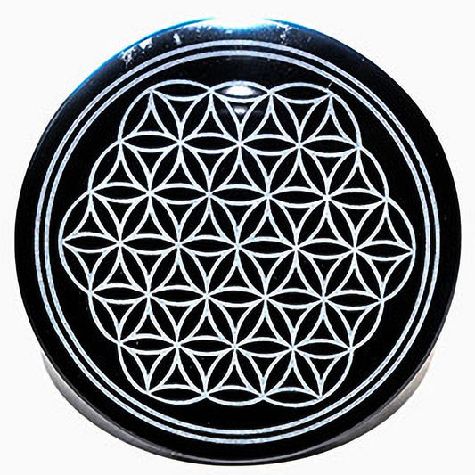 4" Obsidian, Black Flower of Life altar tile