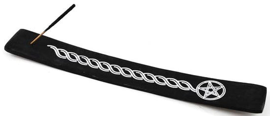 10-Inch Black Wooden Boat Incense Burner with White Pentagram Design