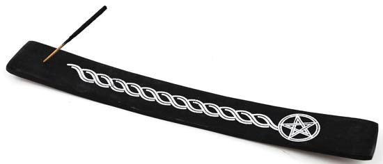 10-Inch Black Wooden Boat Incense Burner with White Pentagram Design