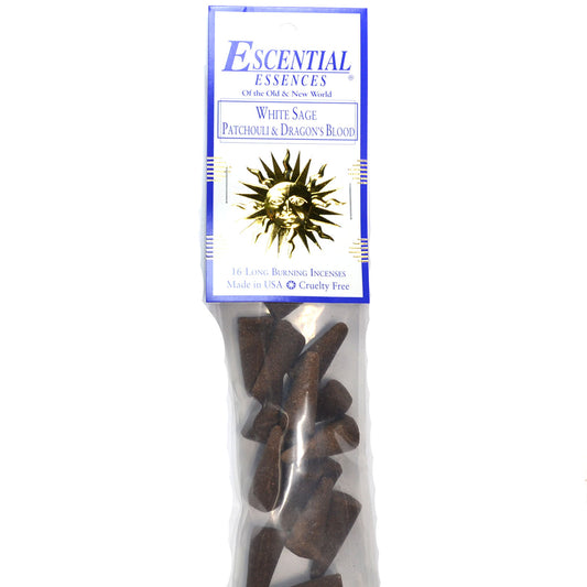16/pk White Sage, Patchouli,Dragon's Blood escential essences incense cones