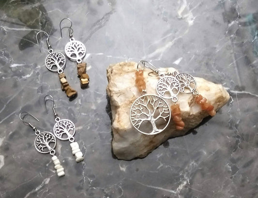 Handcrafted Small Tree of Life Earrings Featuring Natural Stone Crystals