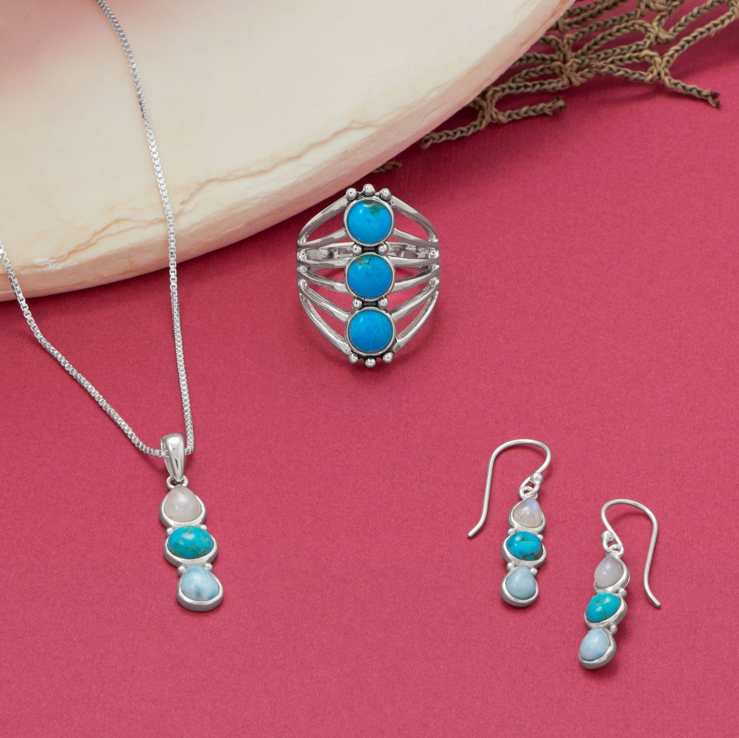 Rainbow Moonstone, Turquoise and Larimar Drop Pendant