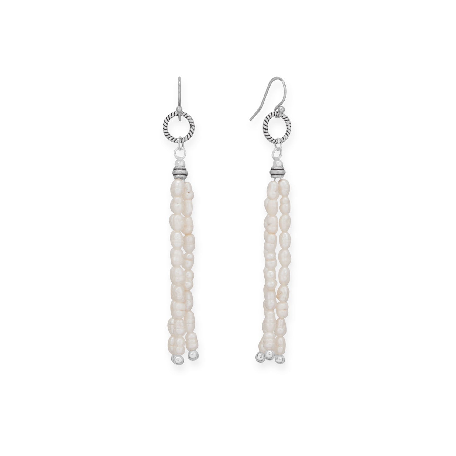 Crinkly Cultured Freshwater Rice Pearl and Bali Ring Earrings