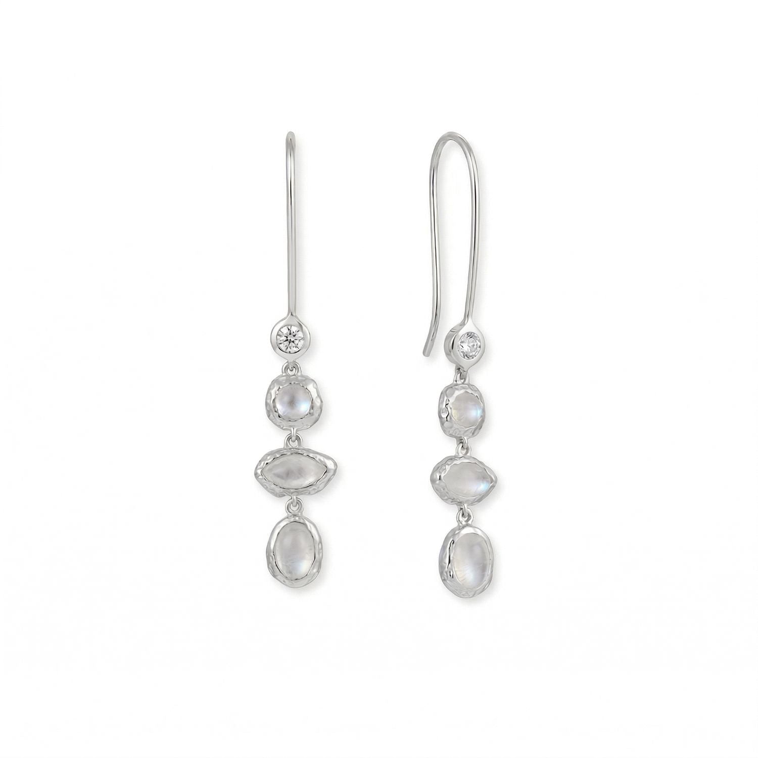 Hammered Rhodium Plated Rainbow Moonstone and CZ Earrings