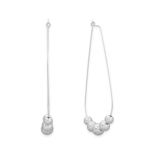 Large Polished Silver Graduated Bead Oblong Wire Hoop Earrings